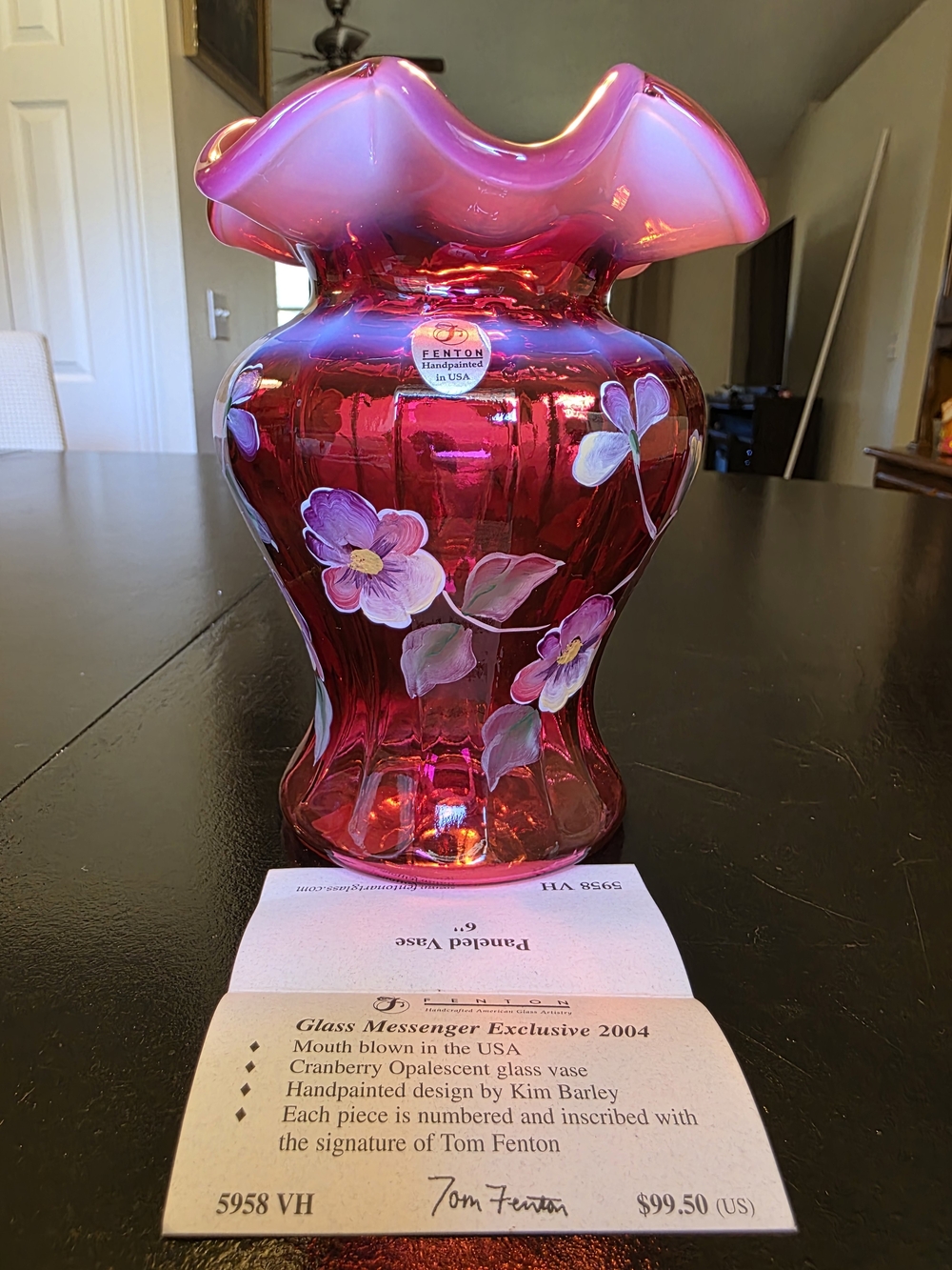 Fenton Glass Messenger Exclusive 2004 Cranberry Opalescent Vase 6" Tom Fenton